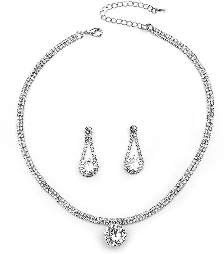 PRINCESS BRIDE Women Jewelry Set Silver Vintage Rhinestone Crystal Bridesmaid Jewelry Set for Wedding Choker Necklace and Earring Set Sparkle Prom Jewelry (A14)