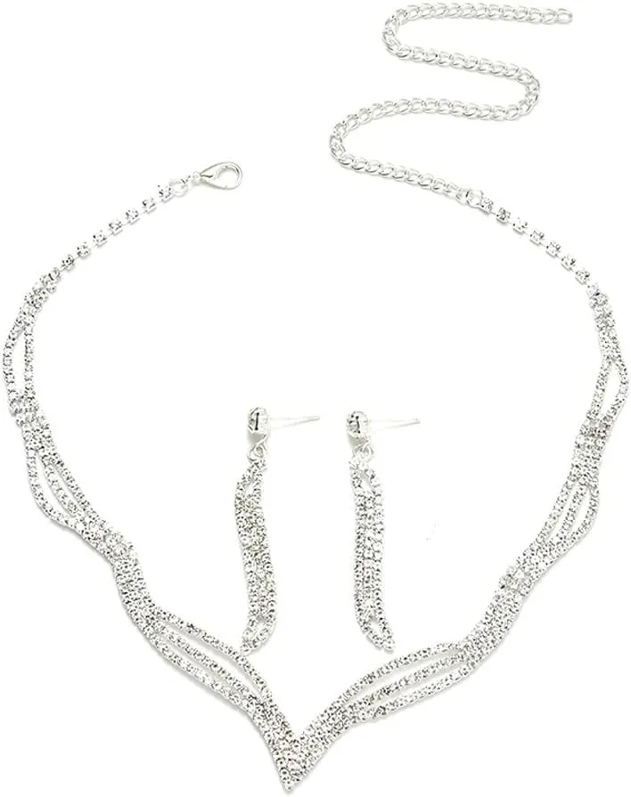 PRINCESS BRIDE Women Jewelry Set Silver Vintage Rhinestone Crystal Bridesmaid Jewelry Set for Wedding Choker Necklace and Earring Set Sparkle Prom Jewelry (A15)