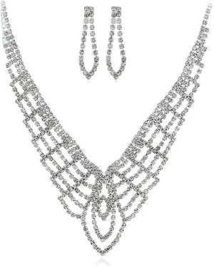 PRINCESS BRIDE Women Jewelry Set Silver Vintage Rhinestone Crystal Bridesmaid Jewelry Set for Wedding Choker Necklace and Earring Set Sparkle Prom Jewelry (A16)