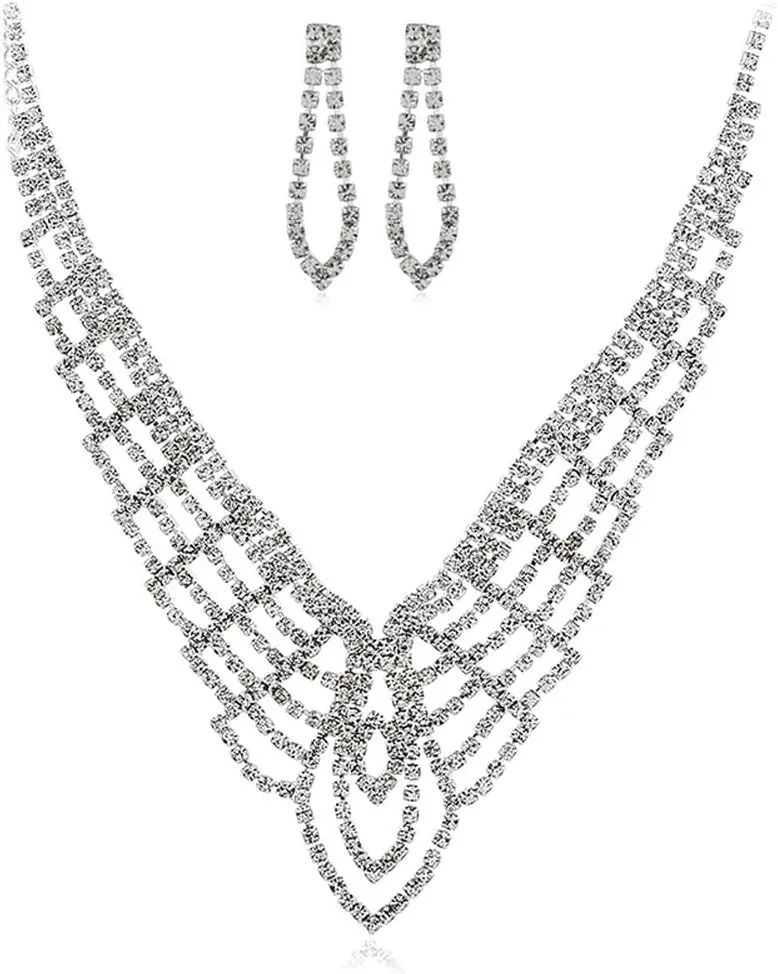 PRINCESS BRIDE Women Jewelry Set Silver Vintage Rhinestone Crystal Bridesmaid Jewelry Set for Wedding Choker Necklace and Earring Set Sparkle Prom Jewelry (A16)