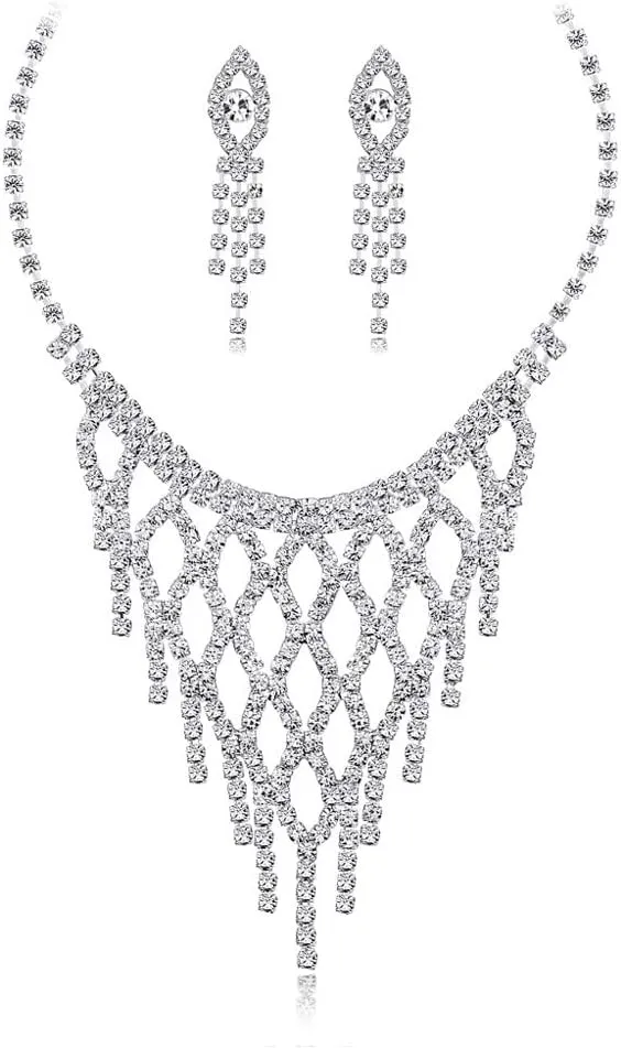PRINCESS BRIDE Women Jewelry Set Silver Vintage Rhinestone Crystal Bridesmaid Jewelry Set for Wedding Choker Necklace and Earring Set Sparkle Prom Jewelry (A18)