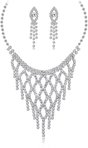 PRINCESS BRIDE Women Jewelry Set Silver Vintage Rhinestone Crystal Bridesmaid Jewelry Set for Wedding Choker Necklace and Earring Set Sparkle Prom Jewelry (A18)