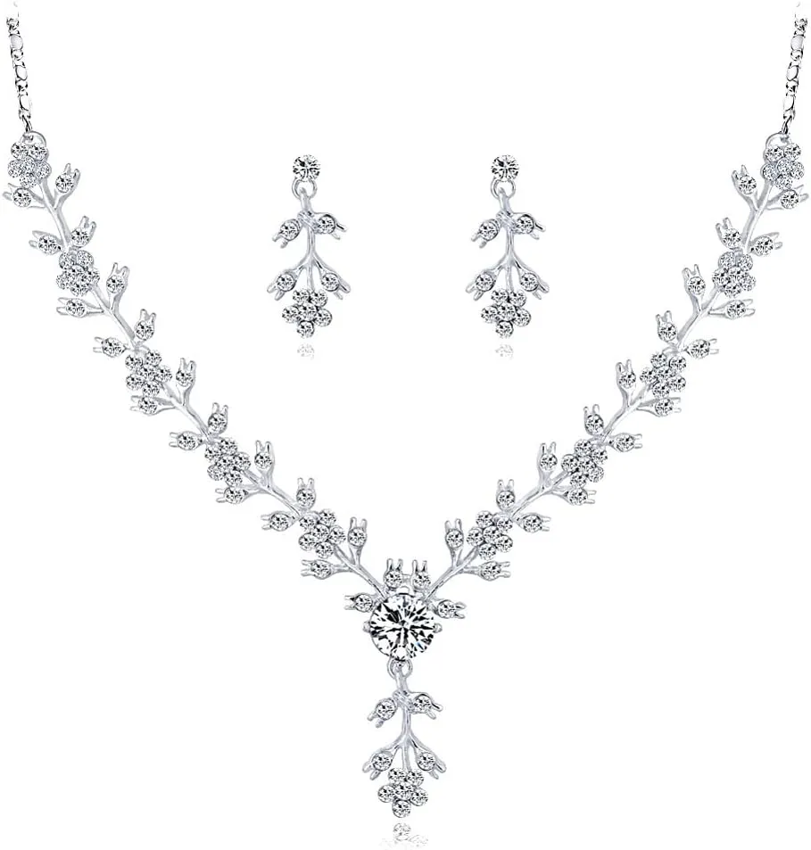 PRINCESS BRIDE Women Jewelry Set Silver Vintage Rhinestone Crystal Bridesmaid Jewelry Set for Wedding Choker Necklace and Earring Set Sparkle Prom Jewelry (A19)