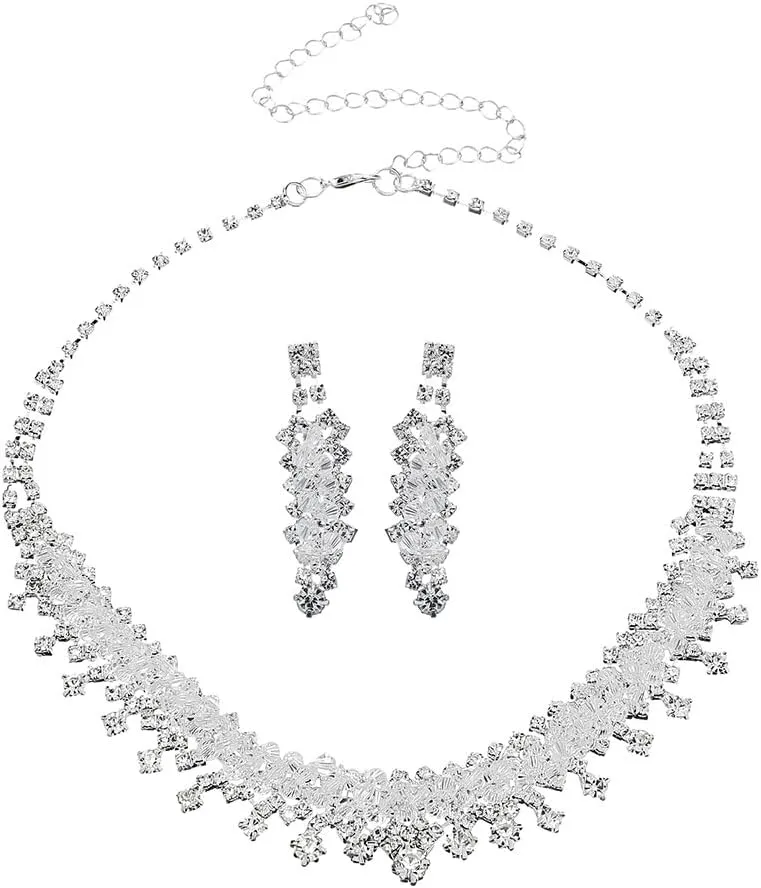 PRINCESS BRIDE Women Jewelry Set Silver Vintage Rhinestone Crystal Bridesmaid Jewelry Set for Wedding Choker Necklace and Earring Set Sparkle Prom Jewelry (A1)