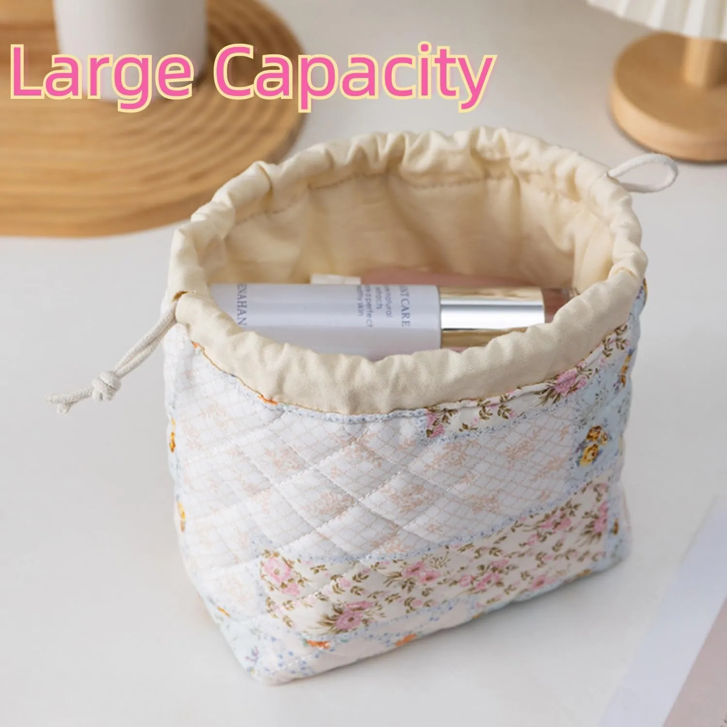 Quilted Drawstring Makeup Bag with Canvas Lining, Floral Coquette Aesthetic Cute Cotton Travel Toiletry Bag for Women and Girls (Patchwork)