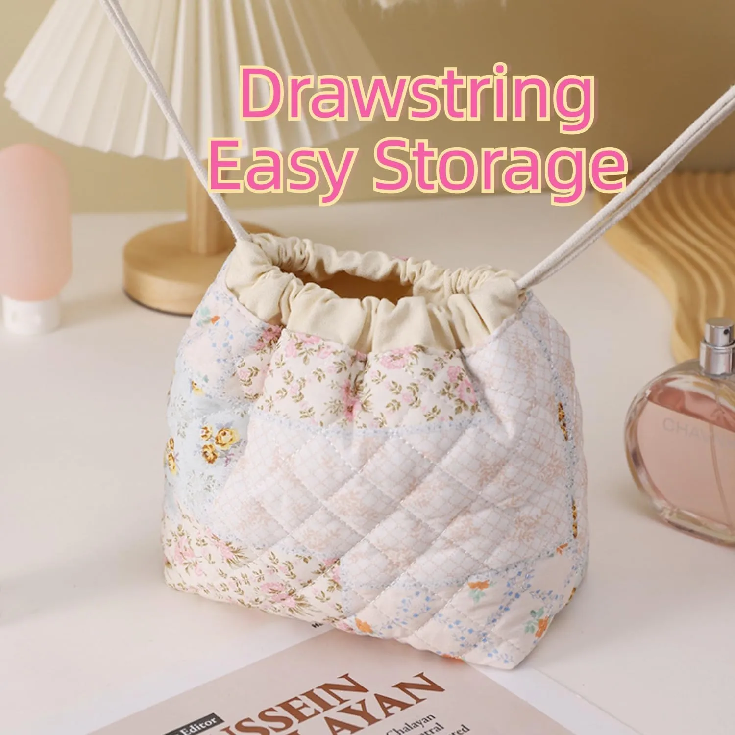 Quilted Drawstring Makeup Bag with Canvas Lining, Floral Coquette Aesthetic Cute Cotton Travel Toiletry Bag for Women and Girls (Patchwork)