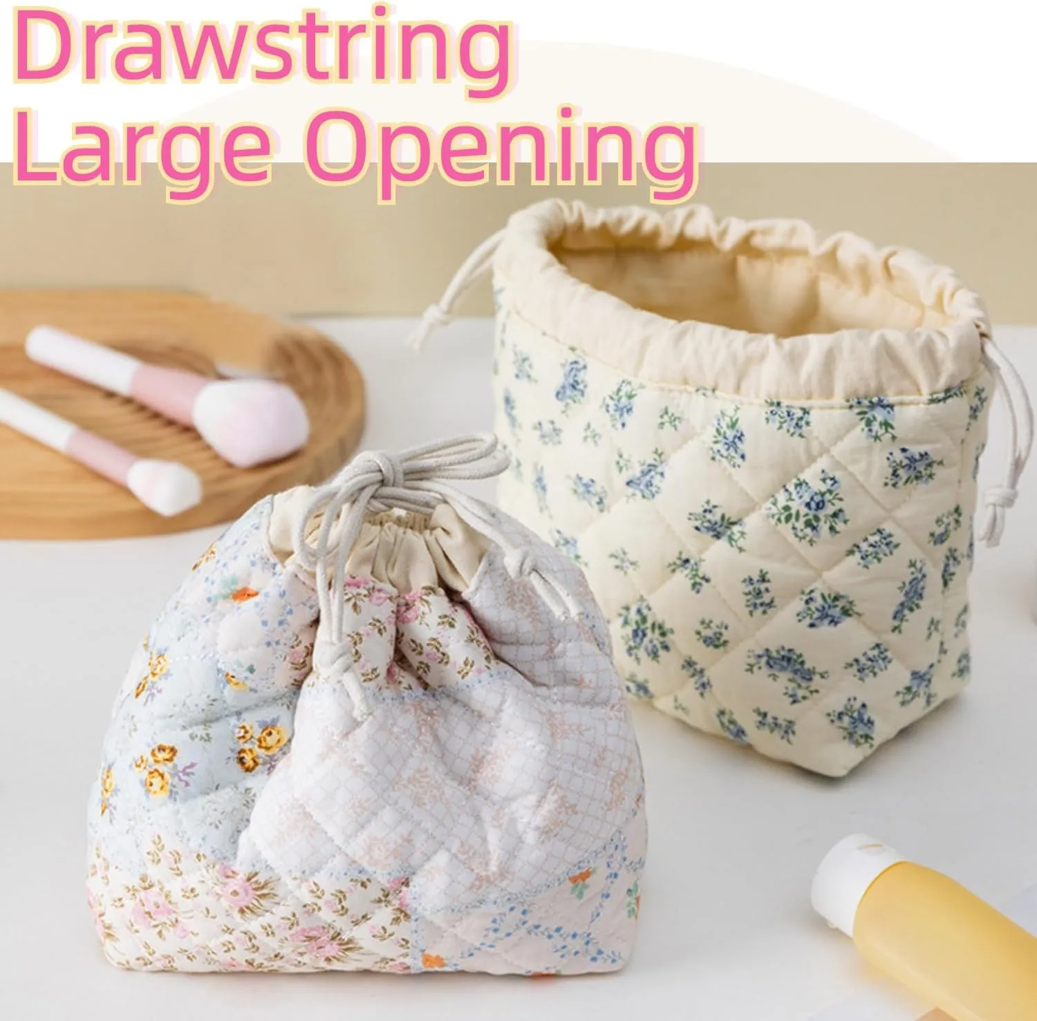 Quilted Drawstring Makeup Bag with Canvas Lining, Floral Coquette Aesthetic Cute Cotton Travel Toiletry Bag for Women and Girls (Patchwork)