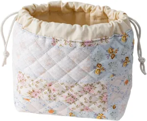 Quilted Drawstring Makeup Bag with Canvas Lining, Floral Coquette Aesthetic Cute Cotton Travel Toiletry Bag for Women and Girls (Patchwork)