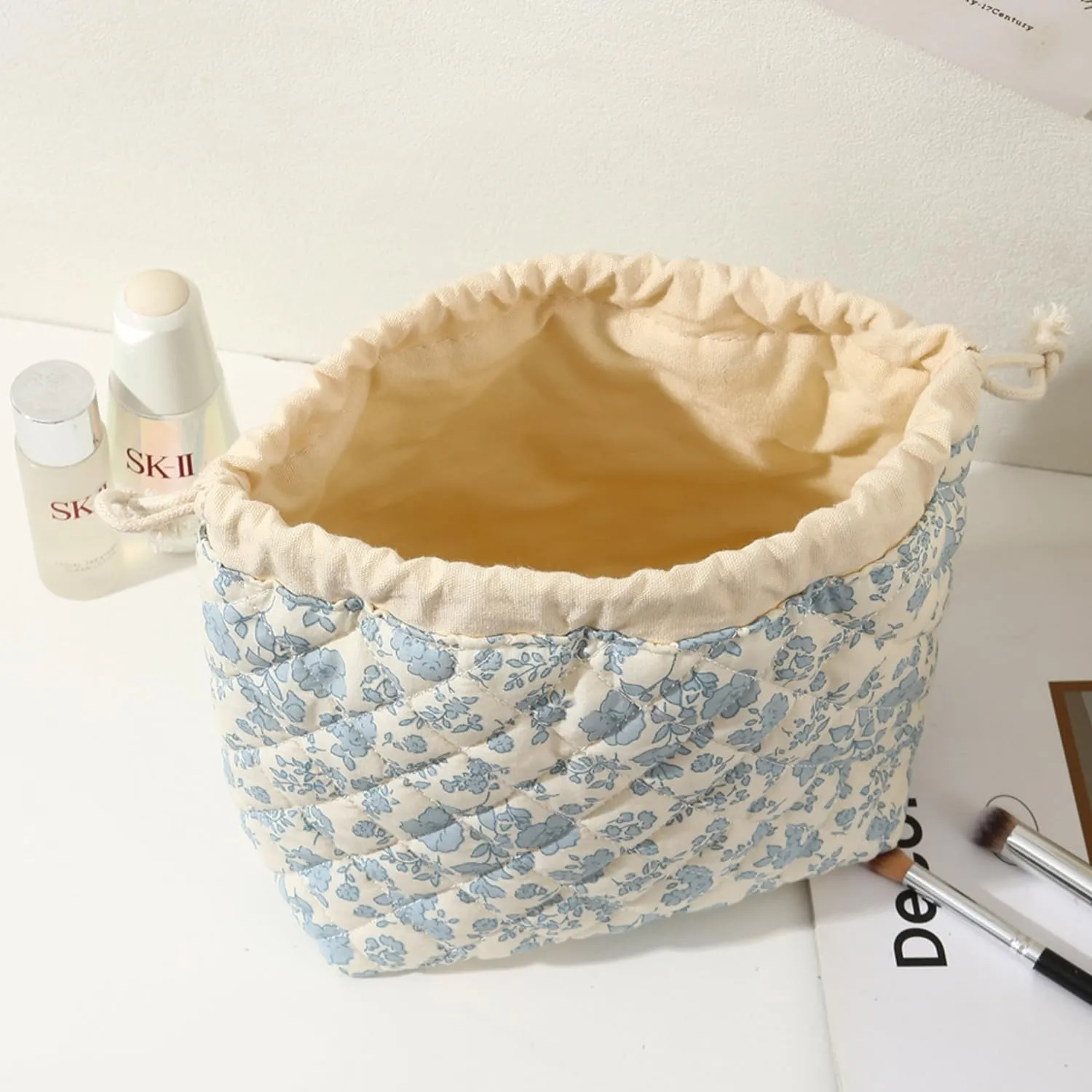 Quilted Drawstring Makeup Bag with Canvas Lining, Floral Coquette Aesthetic Cute Cotton Travel Toiletry Bag for Women and Girls (Patchwork)