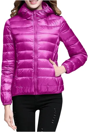 Quilted Jackets for Women Warm Hooded Down Jacket Packable Short Fall Jacket Zip Hooded Winter Coats with Pockets
