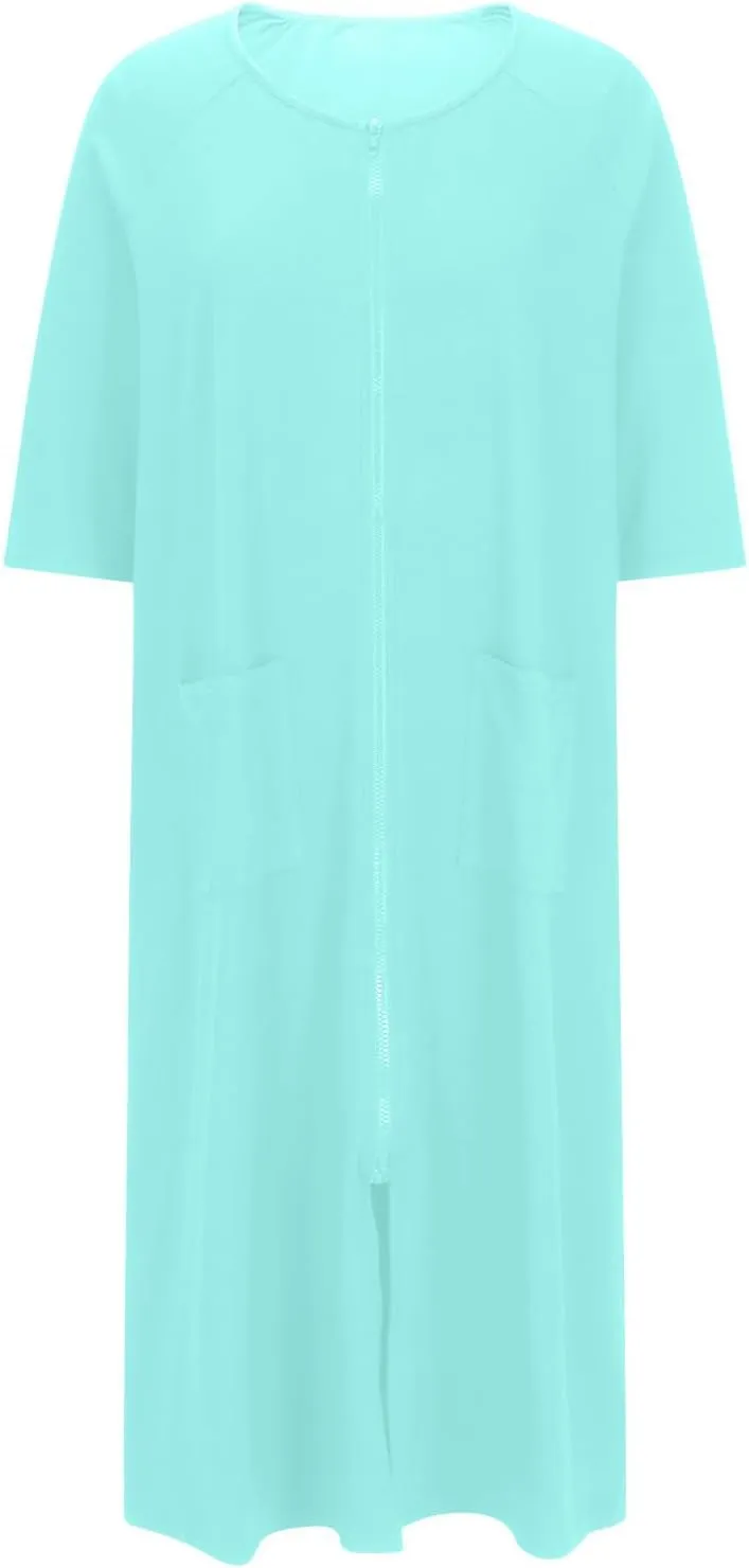 Robes For Women Zipper Front Bathrobe Short Sleeve House Dress Long Nightgown With Pockets Side Split Soft Loungewear