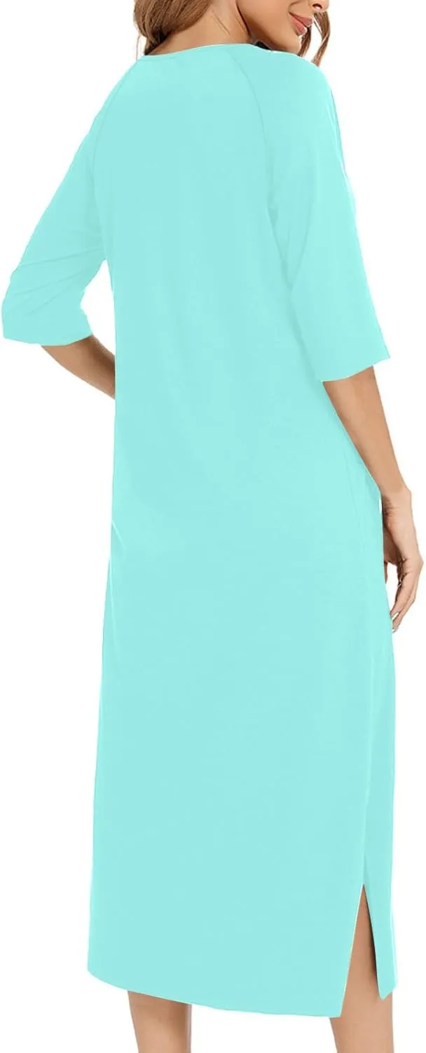 Robes For Women Zipper Front Bathrobe Short Sleeve House Dress Long Nightgown With Pockets Side Split Soft Loungewear