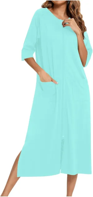 Robes For Women Zipper Front Bathrobe Short Sleeve House Dress Long Nightgown With Pockets Side Split Soft Loungewear