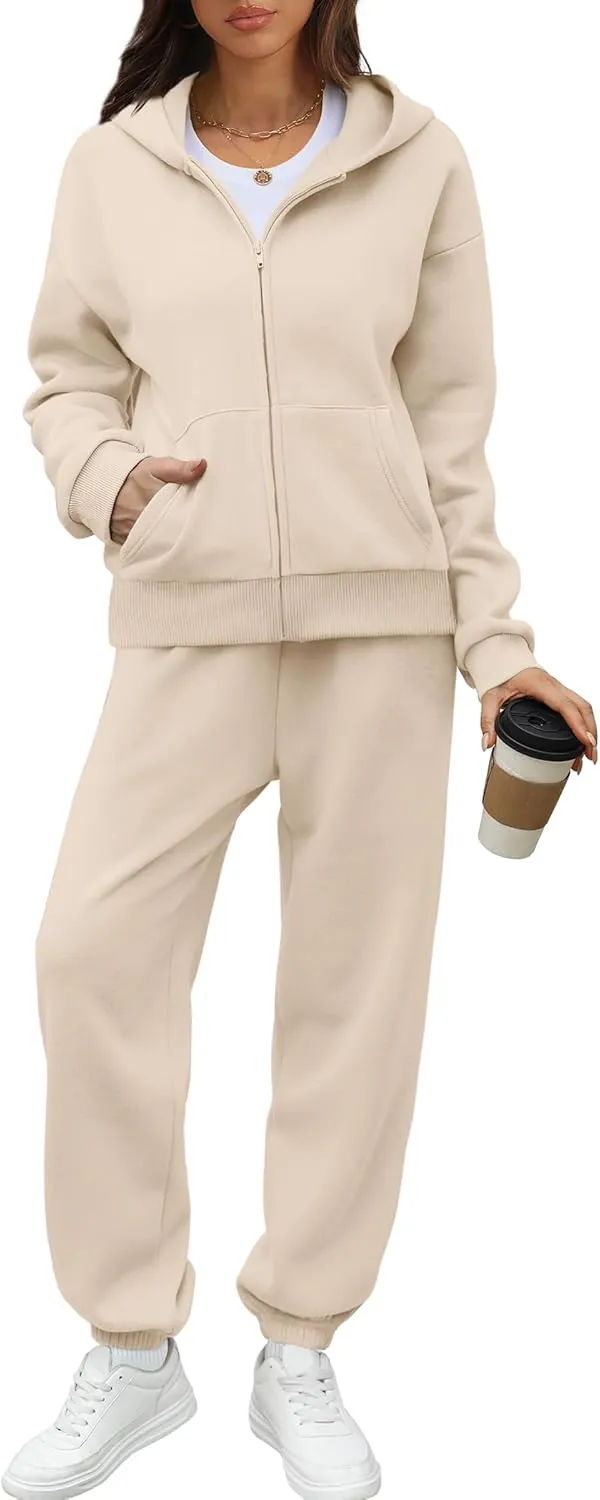 Saloogoe Sweatsuits Women 2 Piece Outfits 2024 Fall Fleece Sweatshirt Sets Zip Up Hoodie Sets Travel Lounge Sets