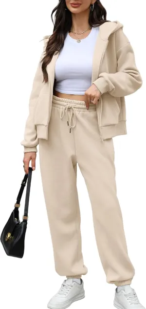 Saloogoe Sweatsuits Women 2 Piece Outfits 2024 Fall Fleece Sweatshirt Sets Zip Up Hoodie Sets Travel Lounge Sets