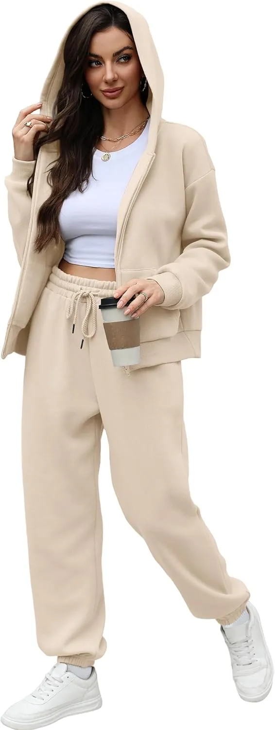 Saloogoe Sweatsuits Women 2 Piece Outfits 2024 Fall Fleece Sweatshirt Sets Zip Up Hoodie Sets Travel Lounge Sets