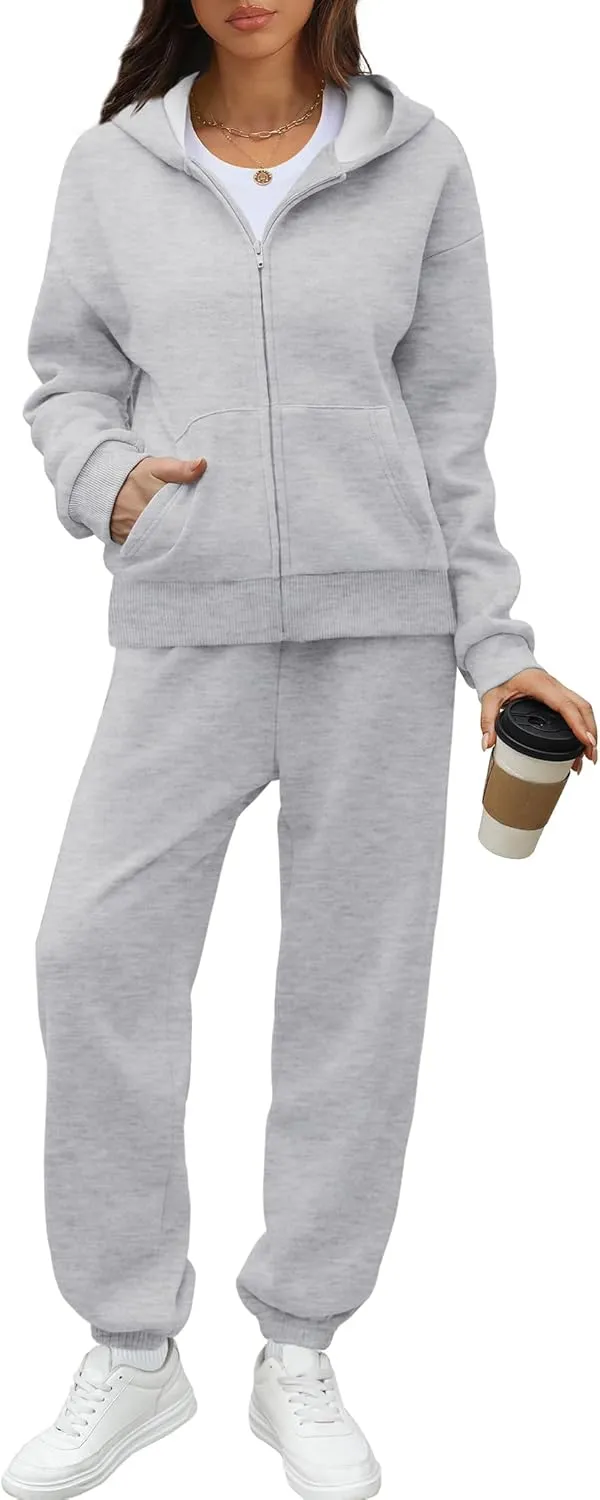 Saloogoe Sweatsuits Women 2 Piece Outfits 2024 Fall Fleece Sweatshirt Sets Zip Up Hoodie Sets Travel Lounge Sets