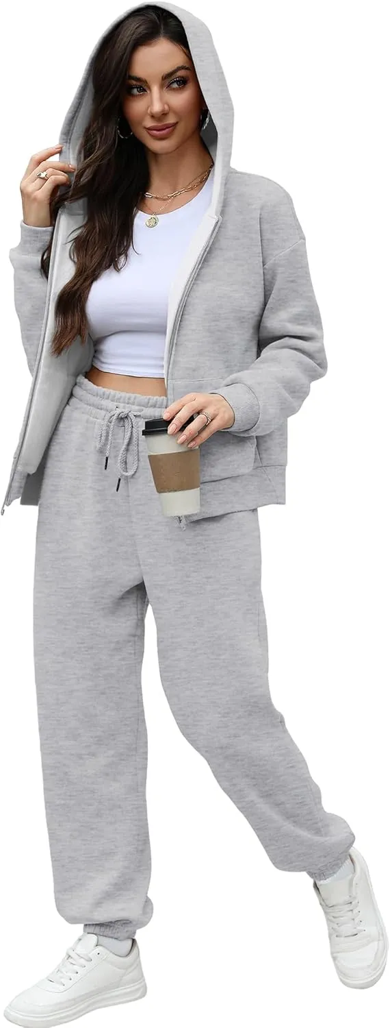 Saloogoe Sweatsuits Women 2 Piece Outfits 2024 Fall Fleece Sweatshirt Sets Zip Up Hoodie Sets Travel Lounge Sets