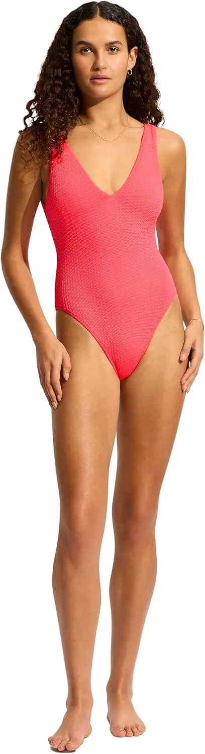 Seafolly Women's Standard Deep V Neck Over The Shoulder One Piece Swimsuit