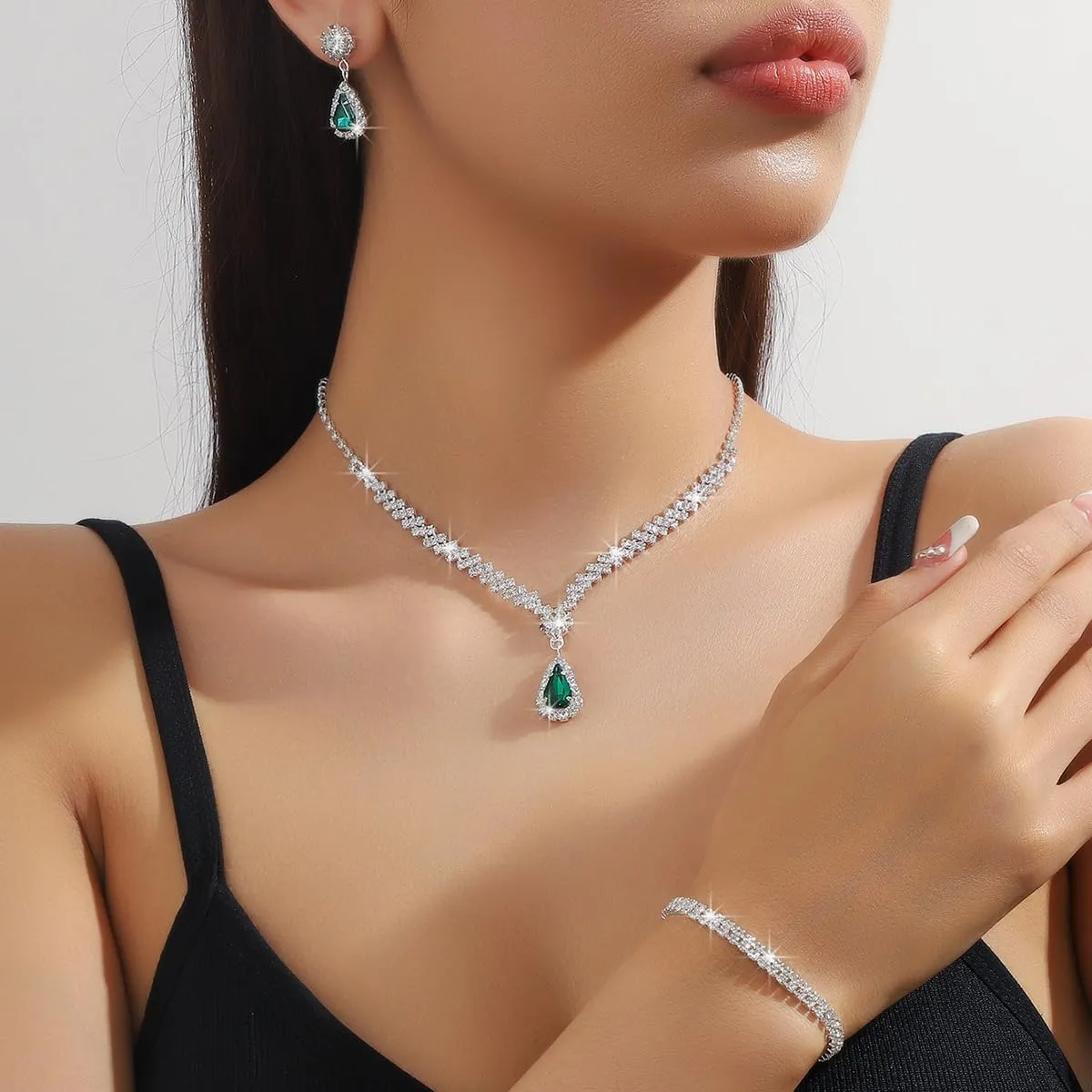 Silver Jewelry Set for Prom,Elegant Prom Jewelry Set Crystal Rhinestone Necklace Earrings Bracelet Brides Wedding Prom Dresses Costume Jewelry Accessories for Women