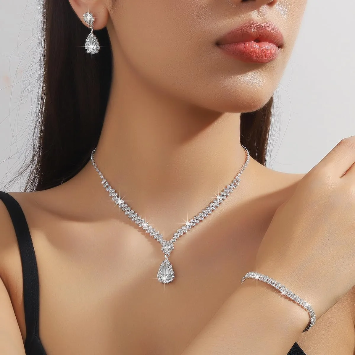 Silver Jewelry Set for Prom,Elegant Prom Jewelry Set Crystal Rhinestone Necklace Earrings Bracelet Brides Wedding Prom Dresses Costume Jewelry Accessories for Women