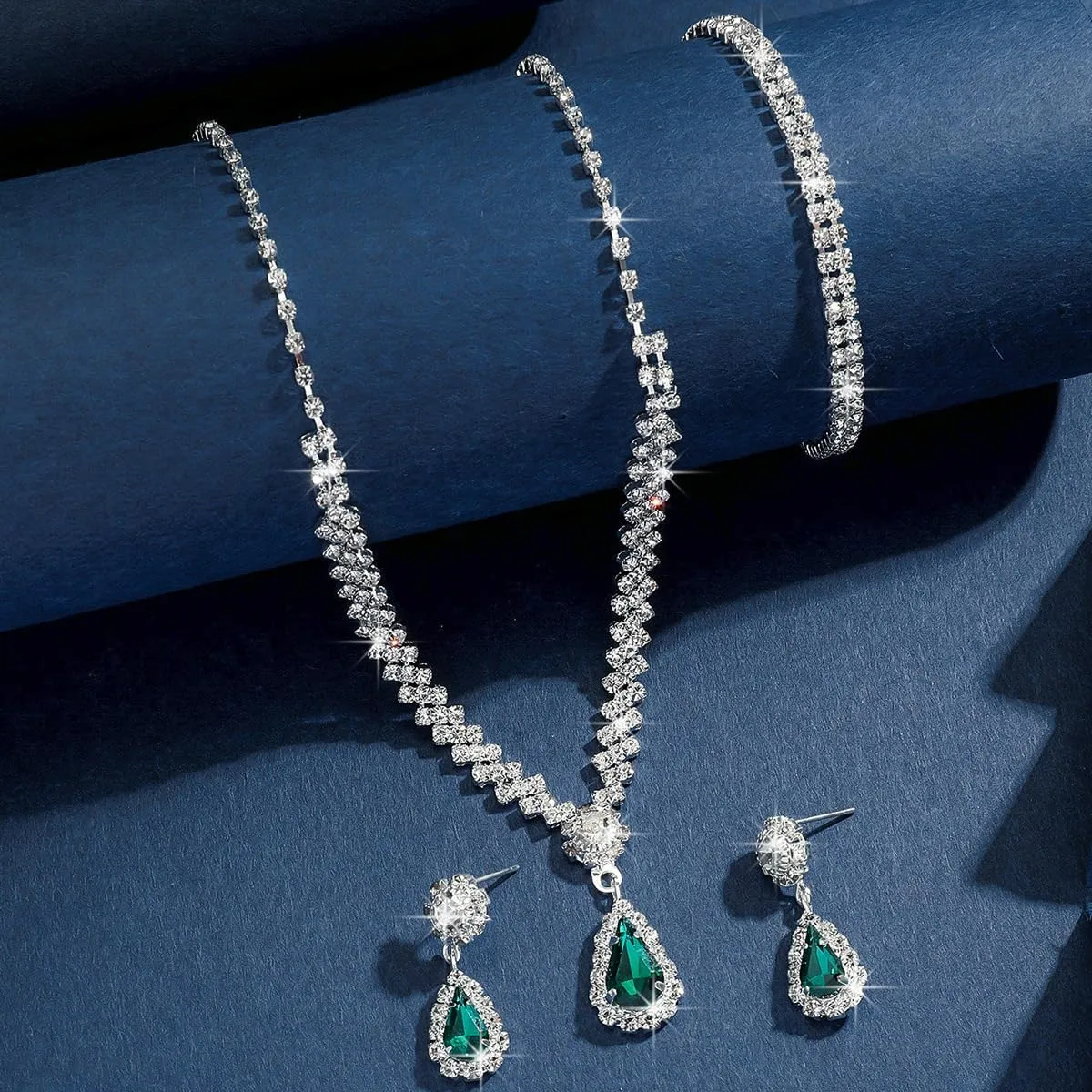 Silver Jewelry Set for Prom,Elegant Prom Jewelry Set Crystal Rhinestone Necklace Earrings Bracelet Brides Wedding Prom Dresses Costume Jewelry Accessories for Women