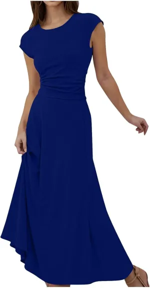 Skirt Sets Women 2 Piece Outfits Casual Ribbed Knit Crew Neck Short Sleeve Cropped Top Elastic Waist Swing Midi Skirts