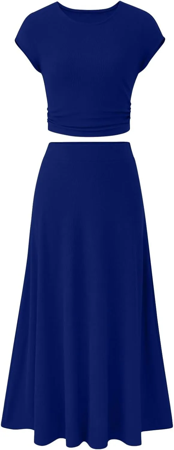 Skirt Sets Women 2 Piece Outfits Casual Ribbed Knit Crew Neck Short Sleeve Cropped Top Elastic Waist Swing Midi Skirts