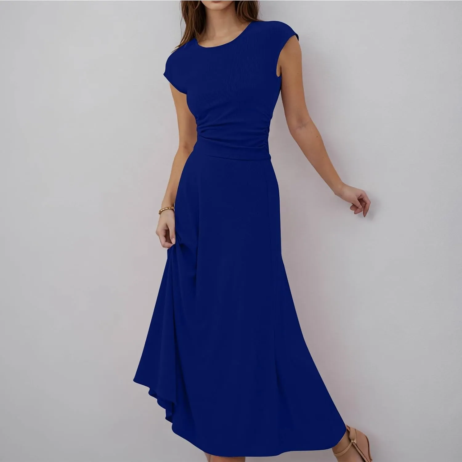 Skirt Sets Women 2 Piece Outfits Casual Ribbed Knit Crew Neck Short Sleeve Cropped Top Elastic Waist Swing Midi Skirts
