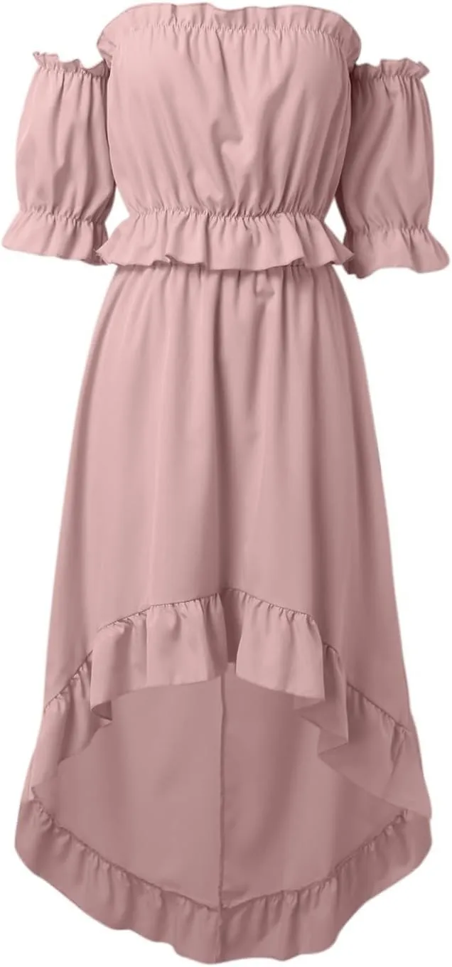 Skirts Sets Women 2 Piece Outfits Summer Off Shoulder Ruffle Trim Puff Sleeve Tube Crop High Waist Flowy Maxi Skirt