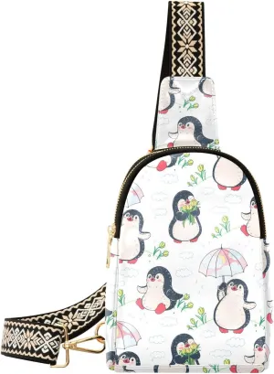 Small Sling Bag Fanny Packs Crossbody Bags for Women Retro Cute Penguins Floral Leather Fashion Chest Bag Belt Bag for Women for Travel Sports Running Hiking