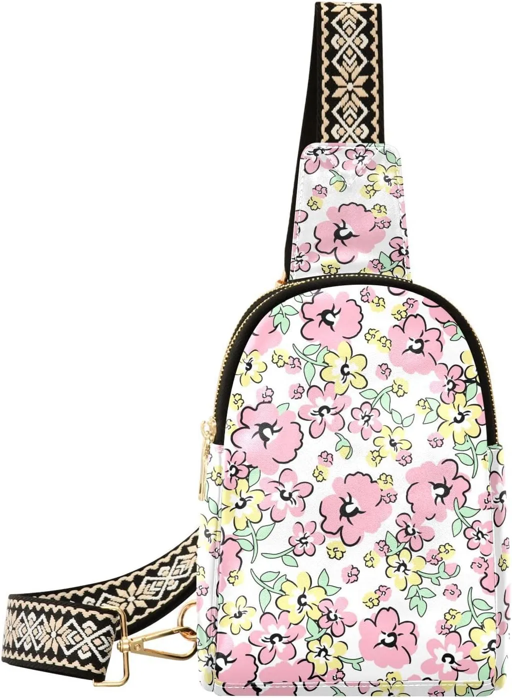 Small Sling Bag for Women Small Flowers PC Leather Fanny Pack Crossbody Pink Fashion Waist Packs Chest Bag for Travel Sports Running Hiking
