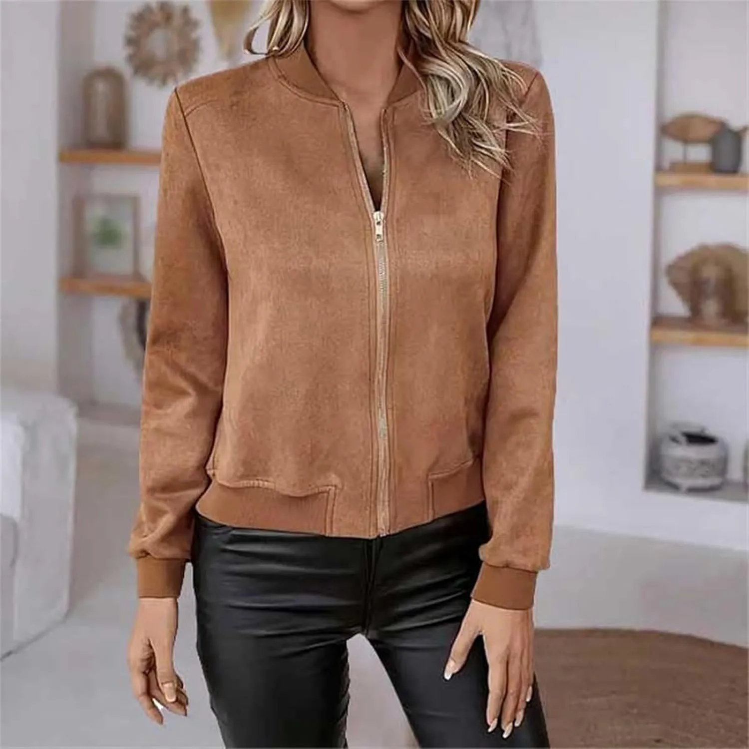 Suede Jackets for Women 2024 Comfy Cropped Zip Up Jackets Trendy Faux Leather Casual Jacket Outwear with Pockets