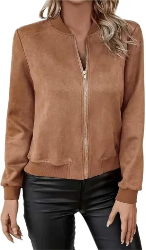 Suede Jackets for Women 2024 Comfy Cropped Zip Up Jackets Trendy Faux Leather Casual Jacket Outwear with Pockets