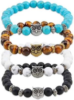 SUPERFINDINGS 4 Styles Owl Bracelets Set Healing Energy Lucky Stone Bracelets Owl Charm Beaded Bracelets Stretch Anxiety Bracelet Set Couple Bracelets Gifts for Women