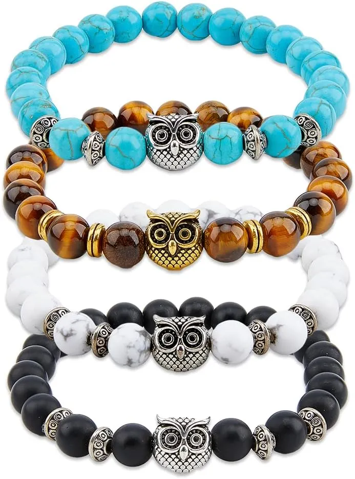 SUPERFINDINGS 4 Styles Owl Bracelets Set Healing Energy Lucky Stone Bracelets Owl Charm Beaded Bracelets Stretch Anxiety Bracelet Set Couple Bracelets Gifts for Women