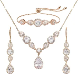 SWEETV 3 Pack Cubic Zirconia Bridal Jewelry Sets for Wedding, Crystal Necklace Dangle Earring Bracelet Jewelry Sets for Women, Prom Costume Jewelry Gifts