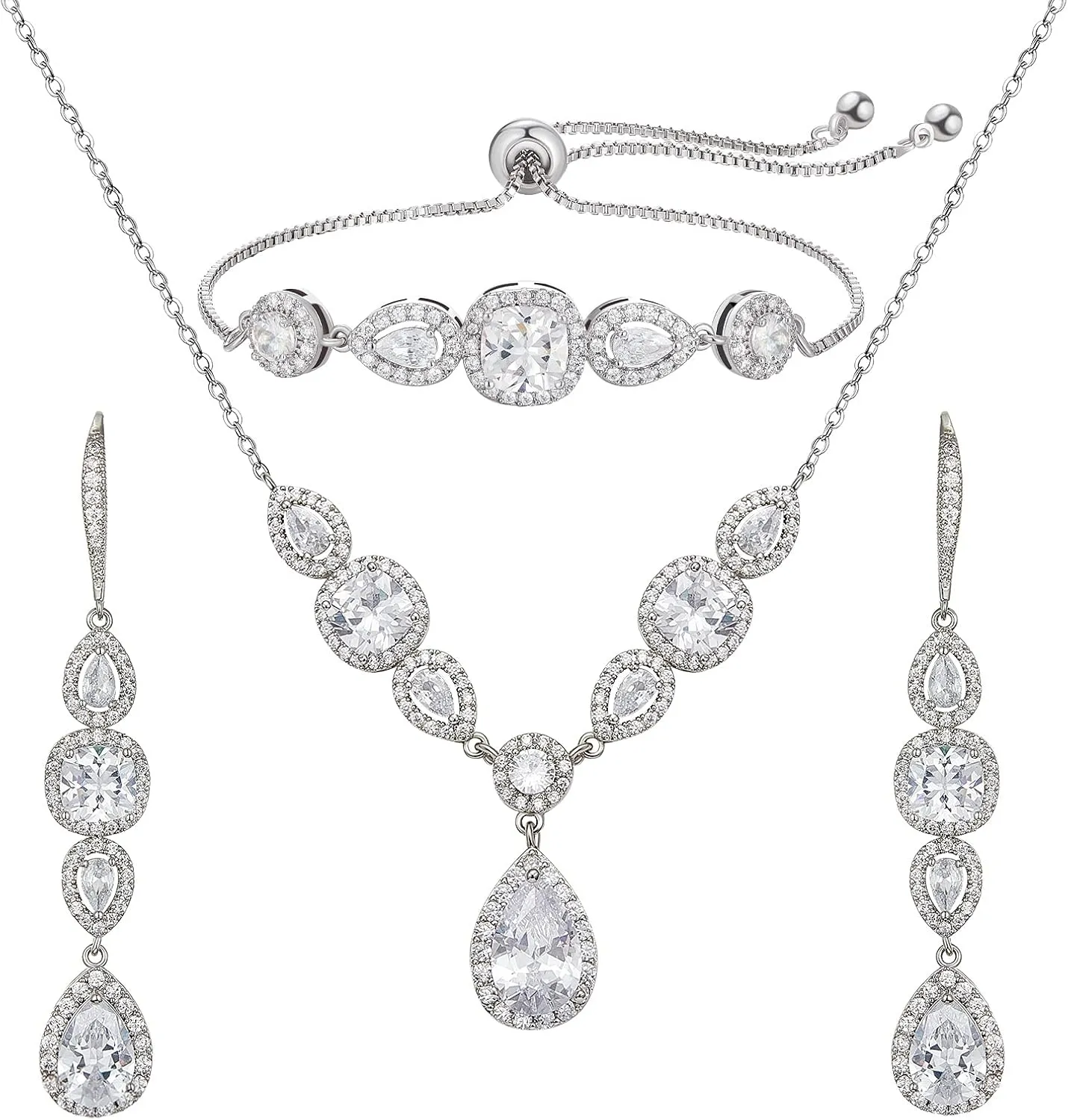 SWEETV 3 Pack Cubic Zirconia Bridal Jewelry Sets for Wedding, Crystal Necklace Dangle Earring Bracelet Jewelry Sets for Women, Prom Costume Jewelry Gifts