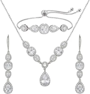 SWEETV 3 Pack Cubic Zirconia Bridal Jewelry Sets for Wedding, Crystal Necklace Dangle Earring Bracelet Jewelry Sets for Women, Prom Costume Jewelry Gifts