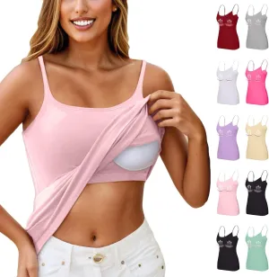 Tank Top for Women with Built in Bra Padded Adjustable Spaghetti Strap Camisoles for Layering Fitted Scoop Neck Undershirts