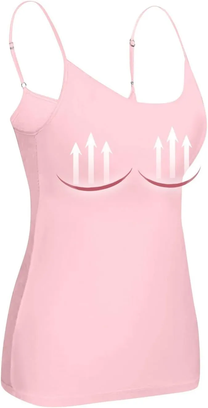 Tank Top for Women with Built in Bra Padded Adjustable Spaghetti Strap Camisoles for Layering Fitted Scoop Neck Undershirts