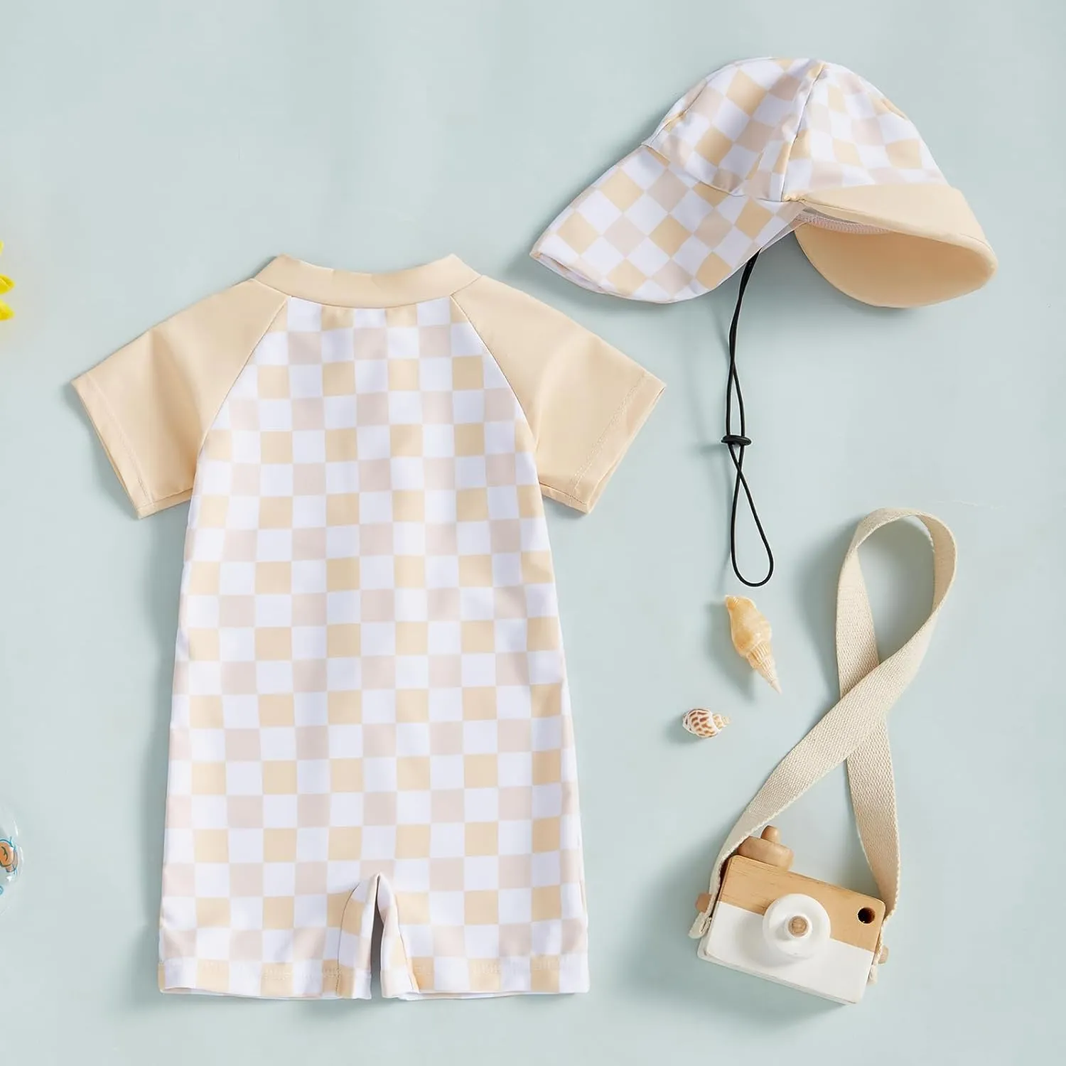 Toddler Baby Boy Girl Rash Guard Swimsuit One Piece Checkerboard Short Sleeve Zipper Swimwear Bathing Suit with Hat