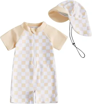 Toddler Baby Boy Girl Rash Guard Swimsuit One Piece Checkerboard Short Sleeve Zipper Swimwear Bathing Suit with Hat