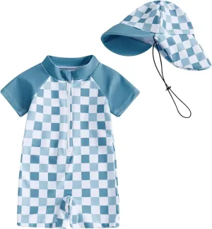 Toddler Baby Boy Girl Rash Guard Swimsuit One Piece Checkerboard Short Sleeve Zipper Swimwear Bathing Suit with Hat