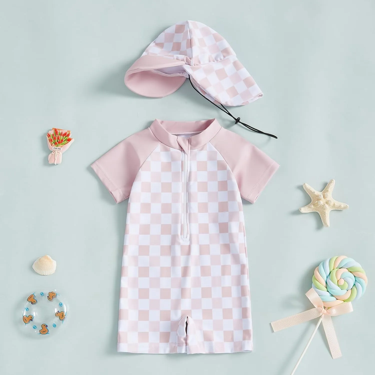 Toddler Baby Boy Girl Rash Guard Swimsuit One Piece Checkerboard Short Sleeve Zipper Swimwear Bathing Suit with Hat