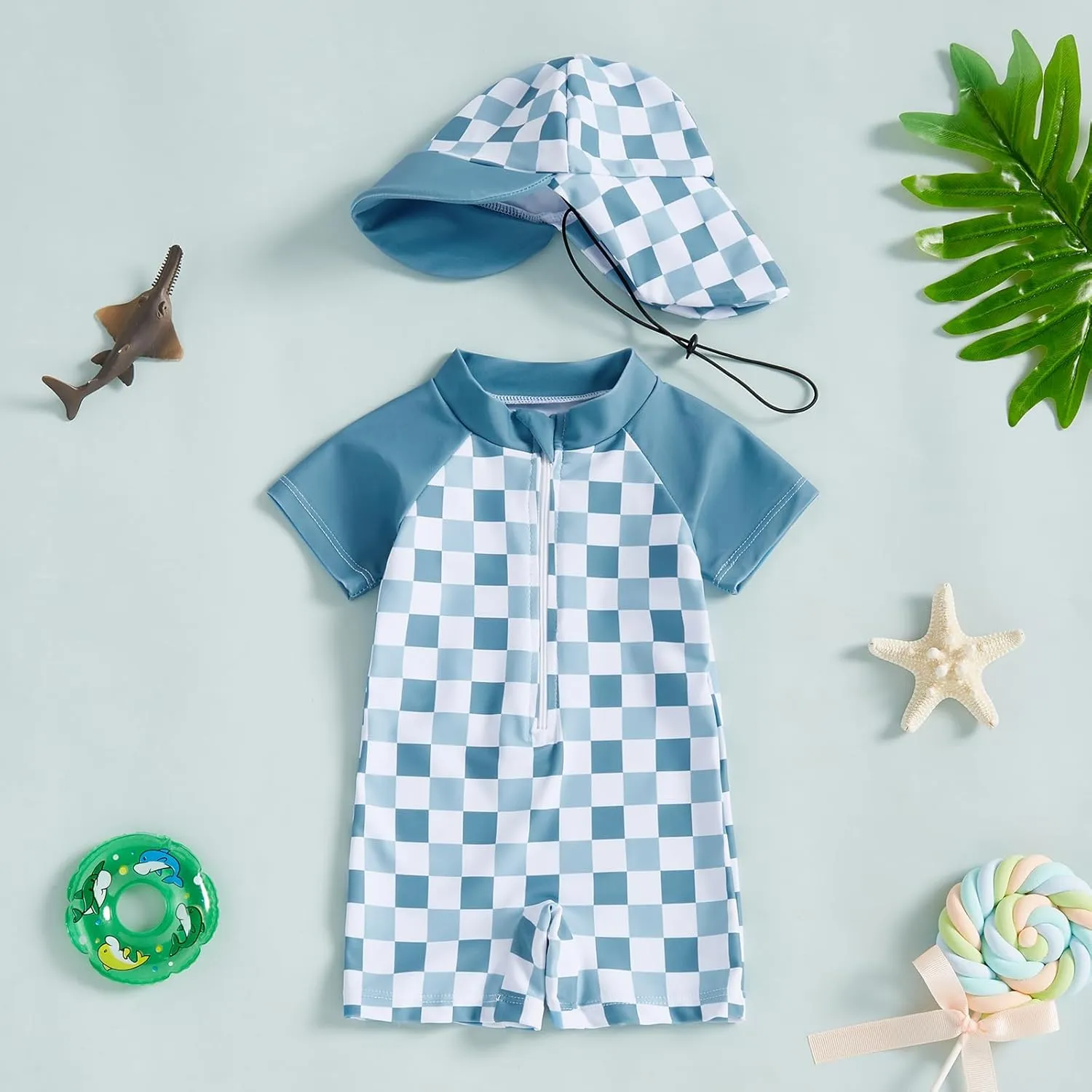 Toddler Baby Boy Girl Rash Guard Swimsuit One Piece Checkerboard Short Sleeve Zipper Swimwear Bathing Suit with Hat