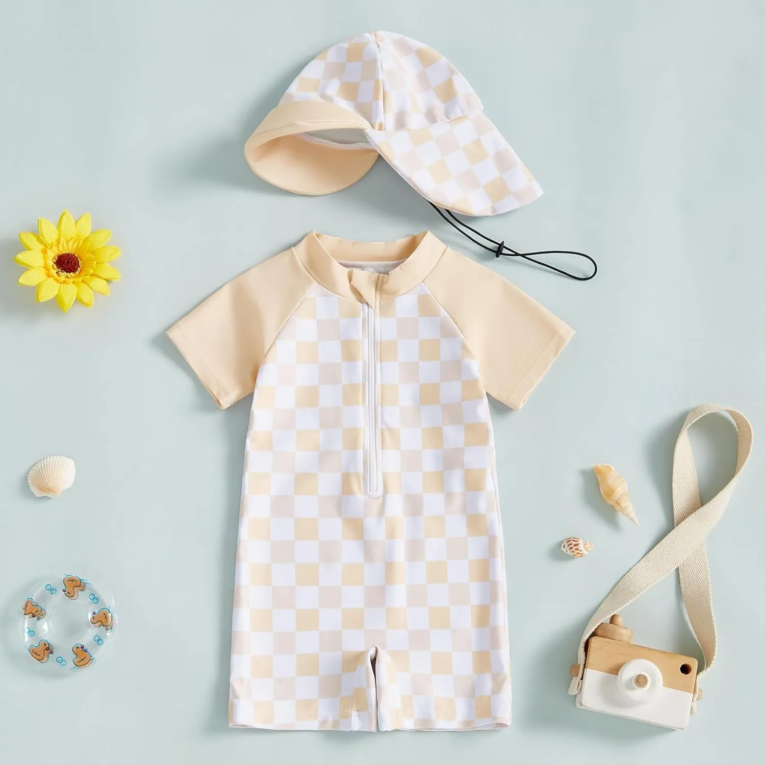 Toddler Baby Boy Girl Rash Guard Swimsuit One Piece Checkerboard Short Sleeve Zipper Swimwear Bathing Suit with Hat