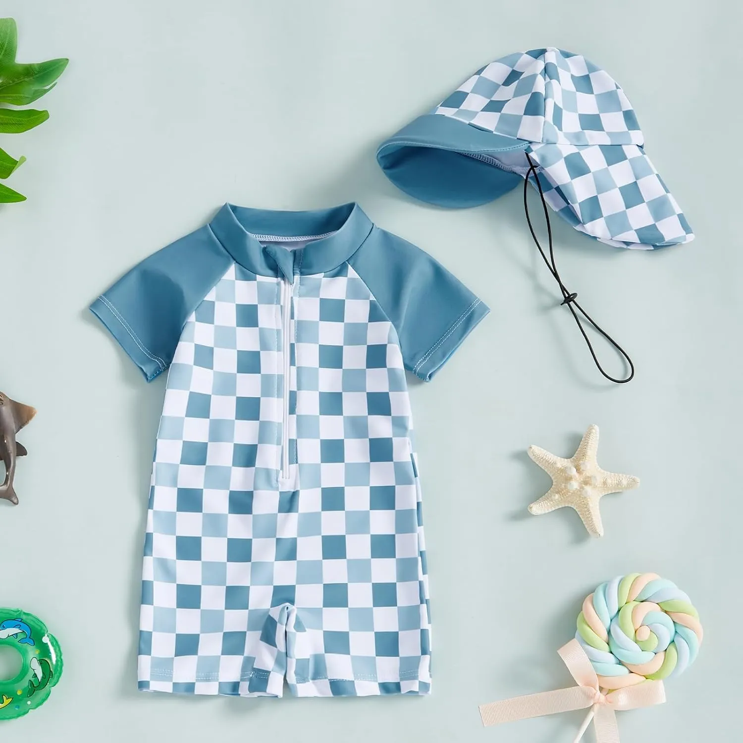 Toddler Baby Boy Girl Rash Guard Swimsuit One Piece Checkerboard Short Sleeve Zipper Swimwear Bathing Suit with Hat