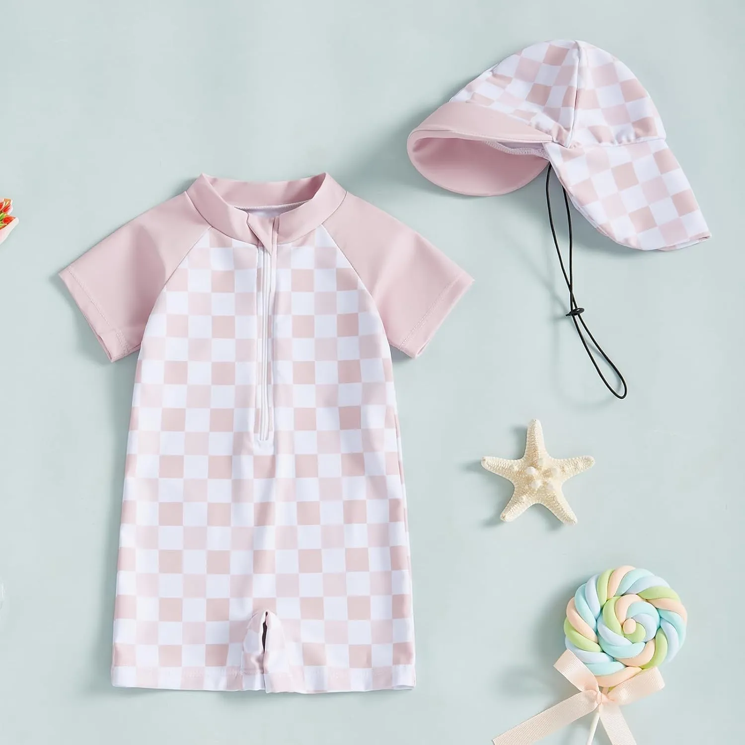Toddler Baby Boy Girl Rash Guard Swimsuit One Piece Checkerboard Short Sleeve Zipper Swimwear Bathing Suit with Hat