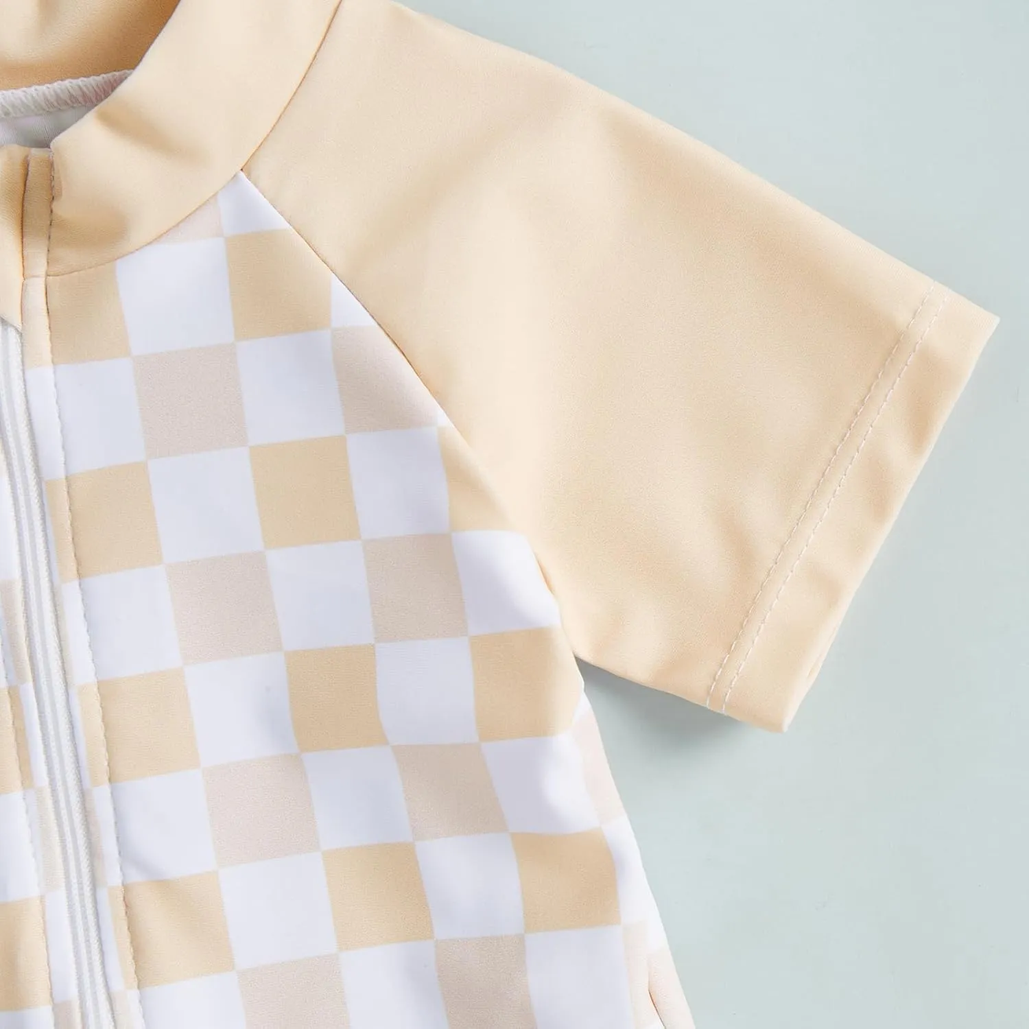 Toddler Baby Boy Girl Rash Guard Swimsuit One Piece Checkerboard Short Sleeve Zipper Swimwear Bathing Suit with Hat